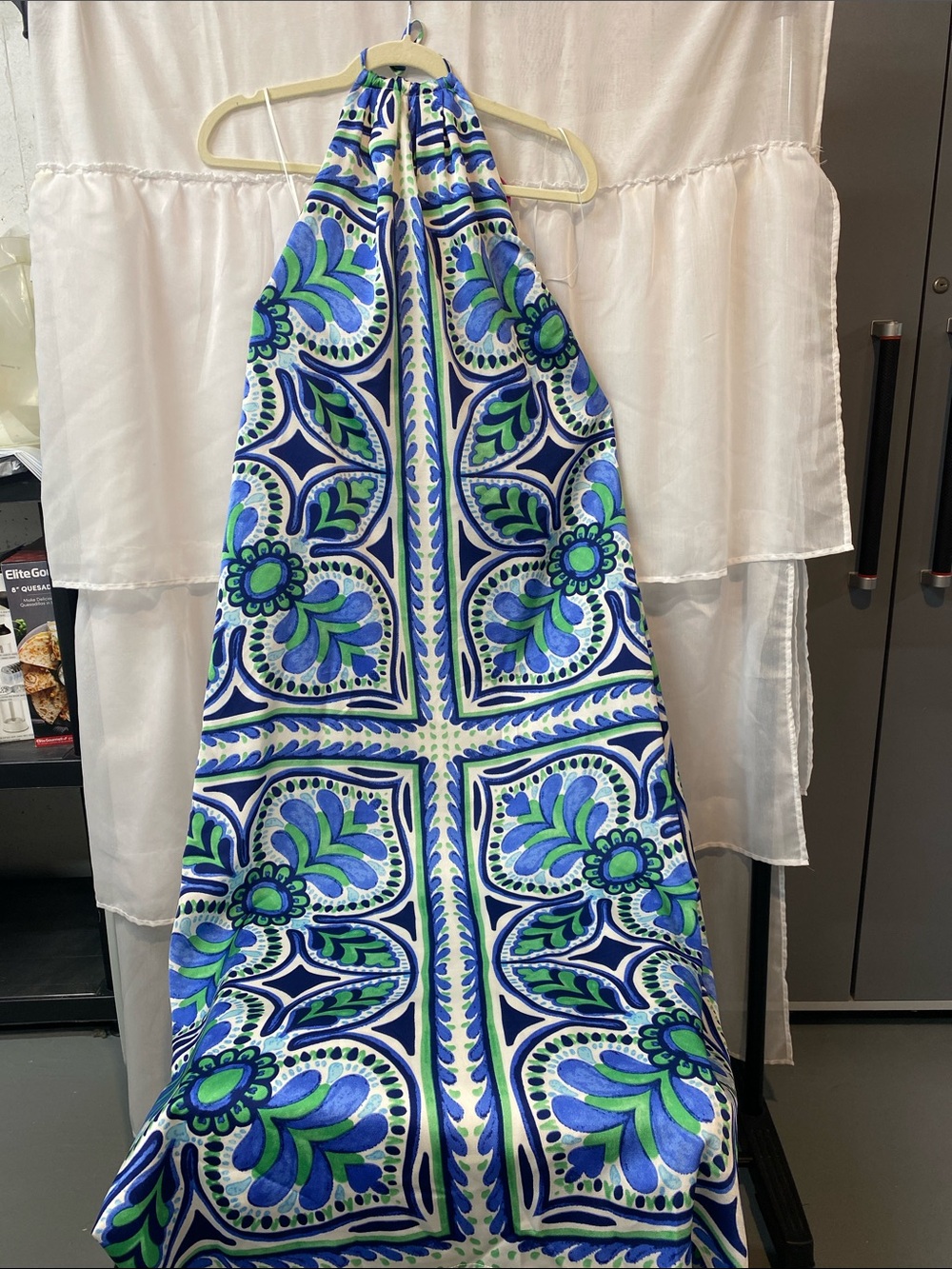 Blue & Green Halter Maxi Dress with Bold Floral Tile Print, Fully lined.🌻